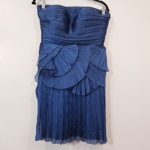 Tarik Ediz  Strapless Tiered Peplum Blue Shiny Mini Dress - Picture 2 of 12